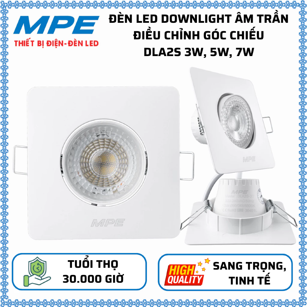 Đèn Led Downlight âm trần Điều chỉnh góc chiếu 3W, 5W, 7W Trắng 6500K, Vàng 3000K MPE DLA2S