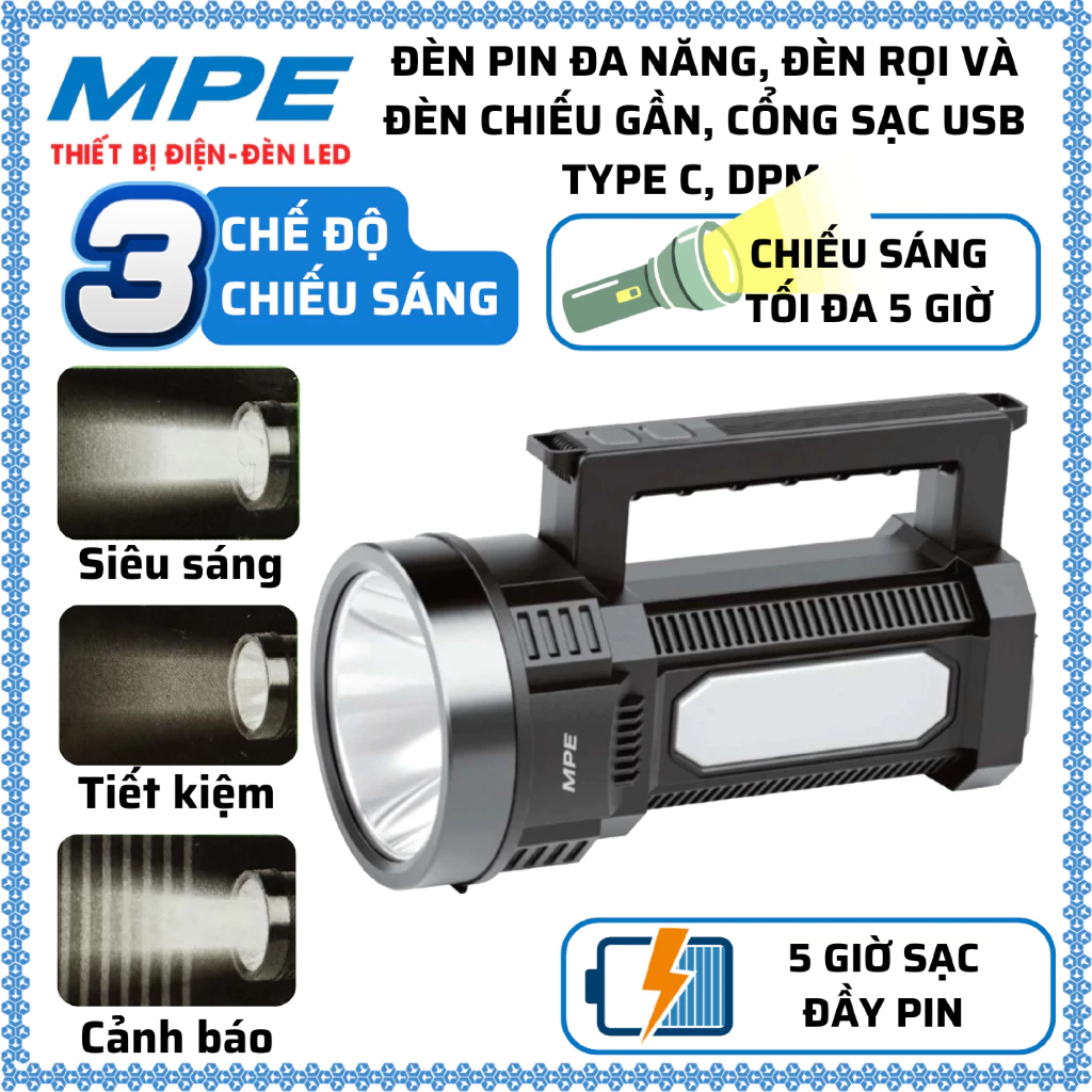 Đèn Pin LED cầm tay đa năng, đèn rọi và đèn chiếu gần, Cổng sạc USB Type C MPE DPM3