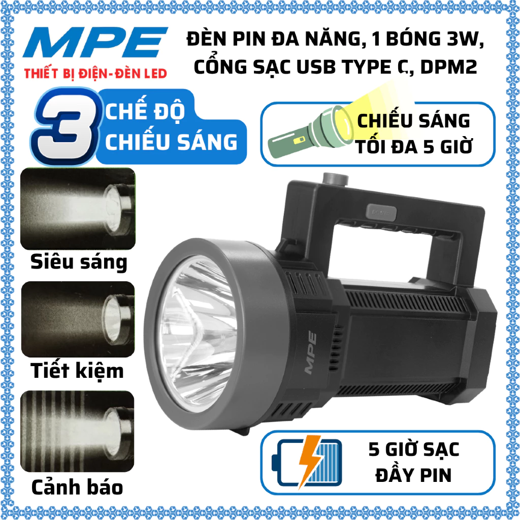 Đèn Pin LED cầm tay đa năng 1 bóng 3W, Cổng sạc USB Type C MPE DPM2