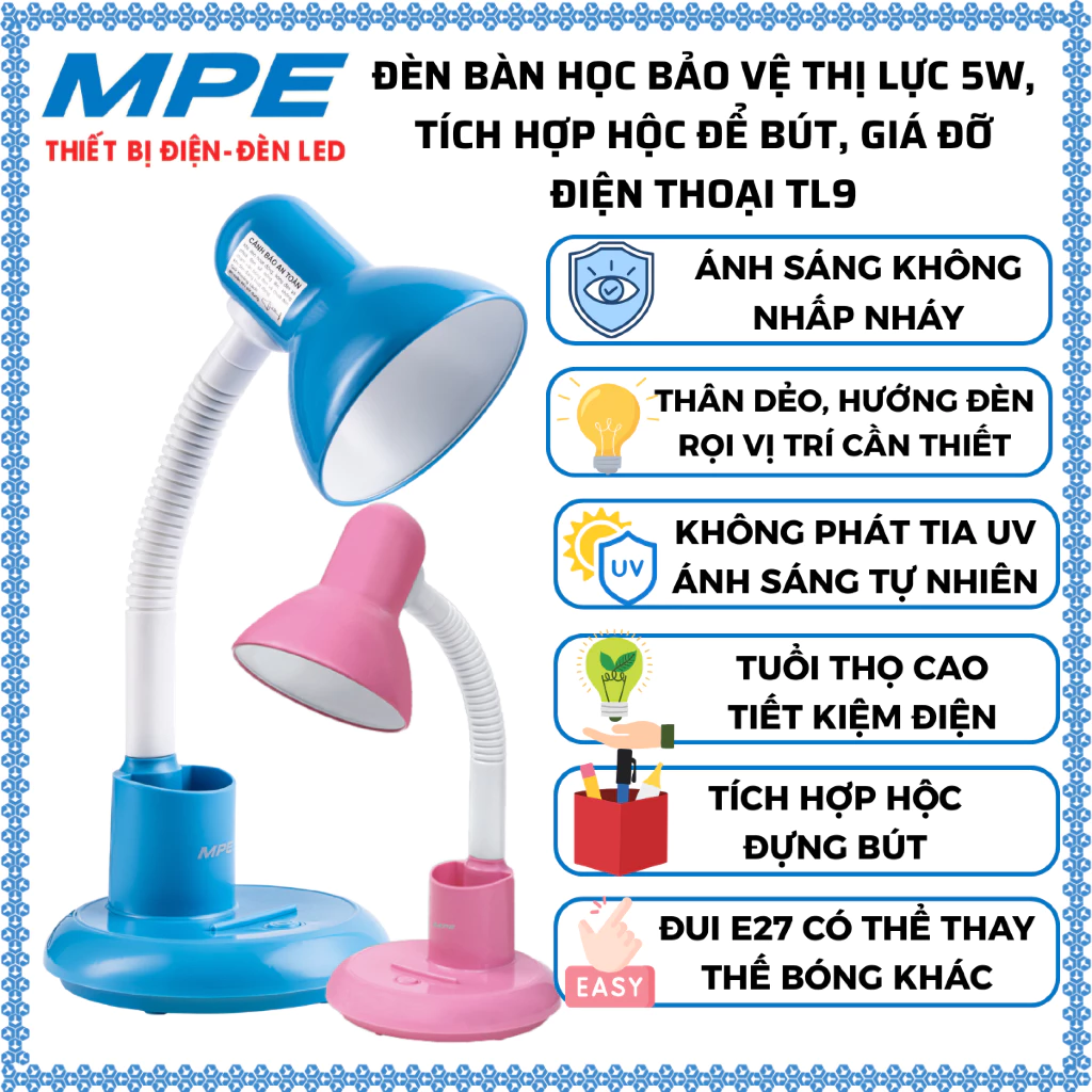Đèn bàn học bảo vệ thị lực 5W thân đèn dẻo, Tích hợp hộc để bút, giá đỡ điện thoại, Đui E27 MPE TL9
