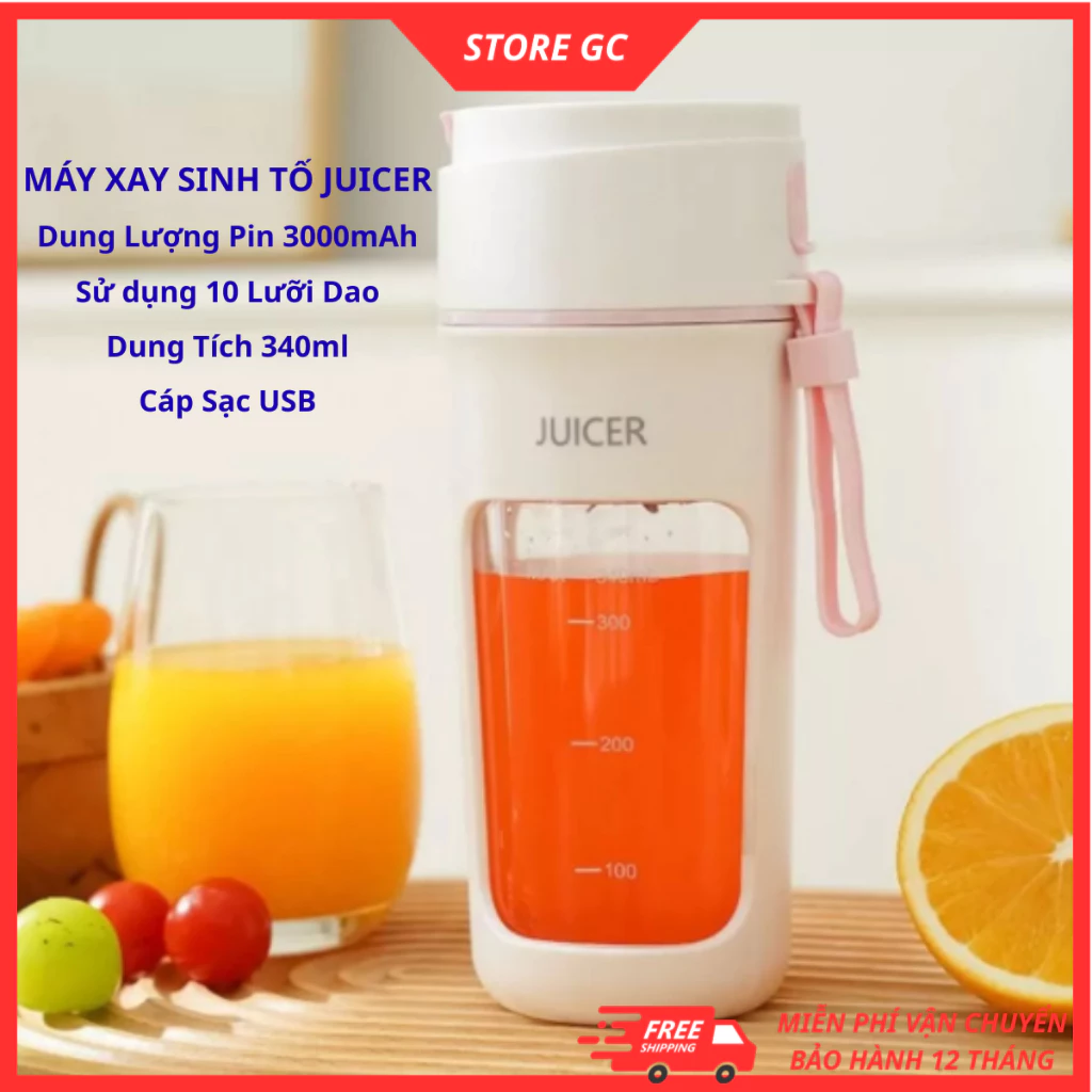 Máy xay sinh tố JUICER Tích pin 3000mAh Sạc USB, dung tích 340ml Cối 10 lưỡi dao xay được đá