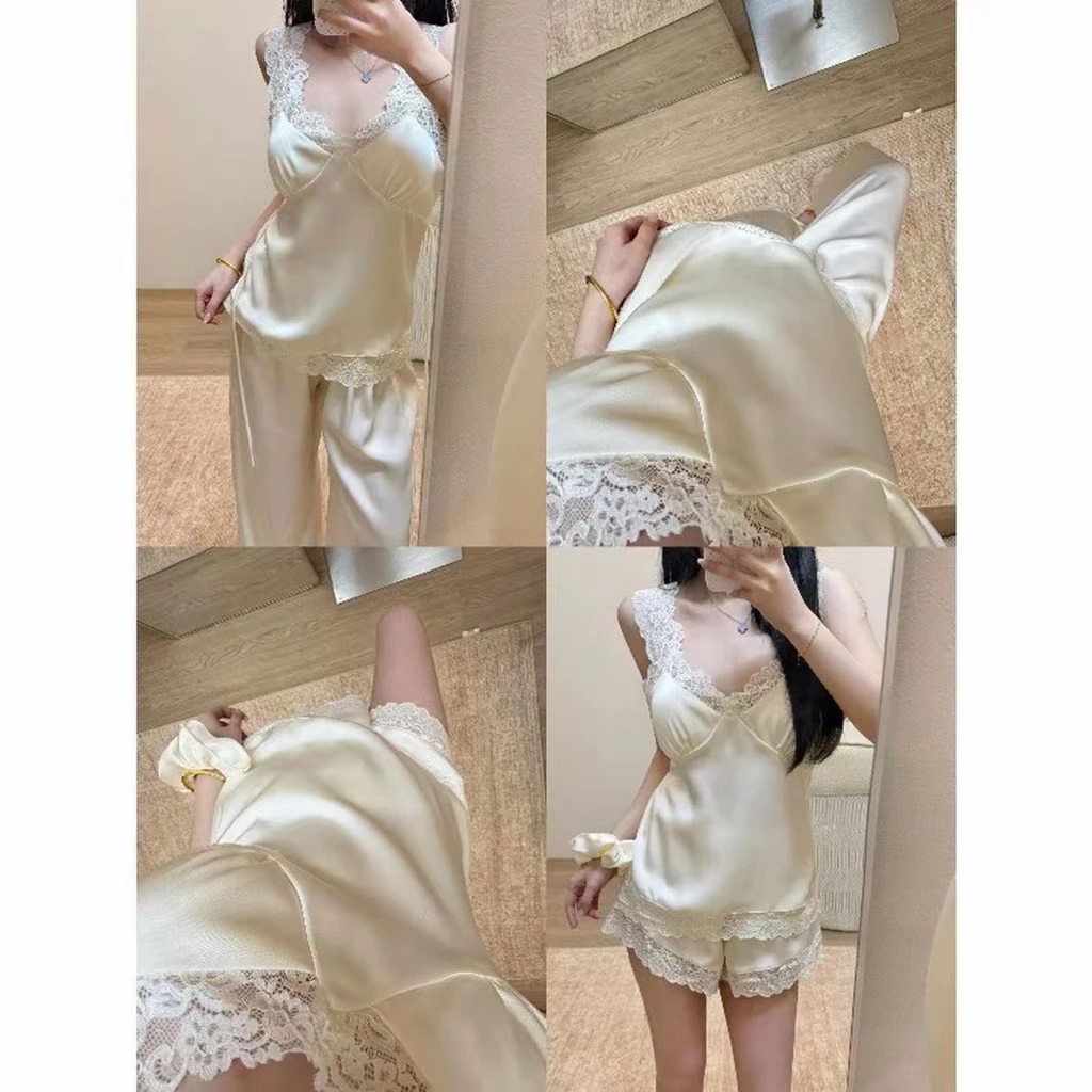 𝐘𝐮𝐫𝐢.𝐬𝐭𝐨𝐫𝐞 Bộ Ngủ Lụa Kèm Mút Ren Màu Trắng Mềm Minn