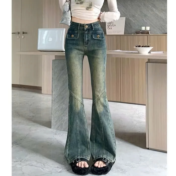 Quần jeans nữ ống loe lưng cao túi lắp mài bạc chất bò mềm co giãn kiểu dáng thời trang mã QL35