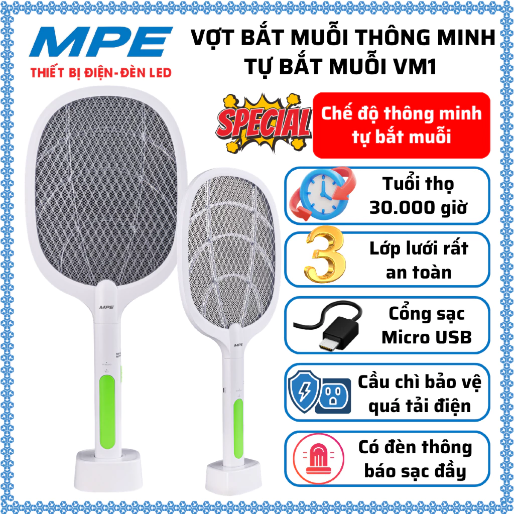 Vợt tự bắt muỗi thông minh có đèn LED thu hút muỗi, 3 lớp lưới an toàn, tuổi thọ cao MPE VM1