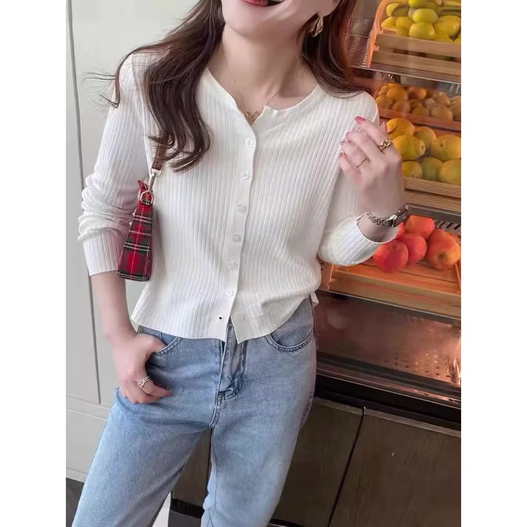 Áo len dệt kim chống nắng màu trắng dành cho nữ Áo khoác ngắn phong cách phương Tây