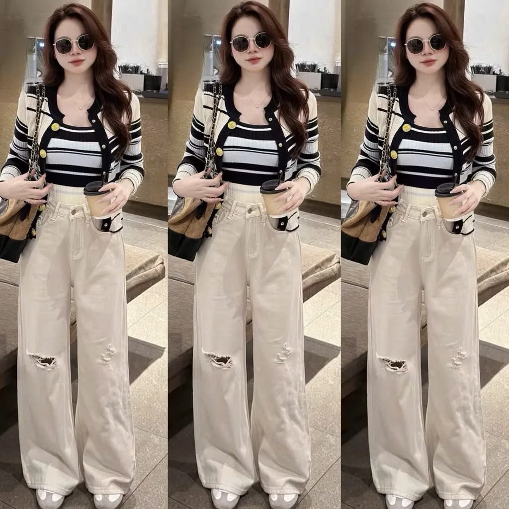 Quần jeans suông trắng kiểu rách đùi lưng cao phong cách Hàn Quốc mã QS51