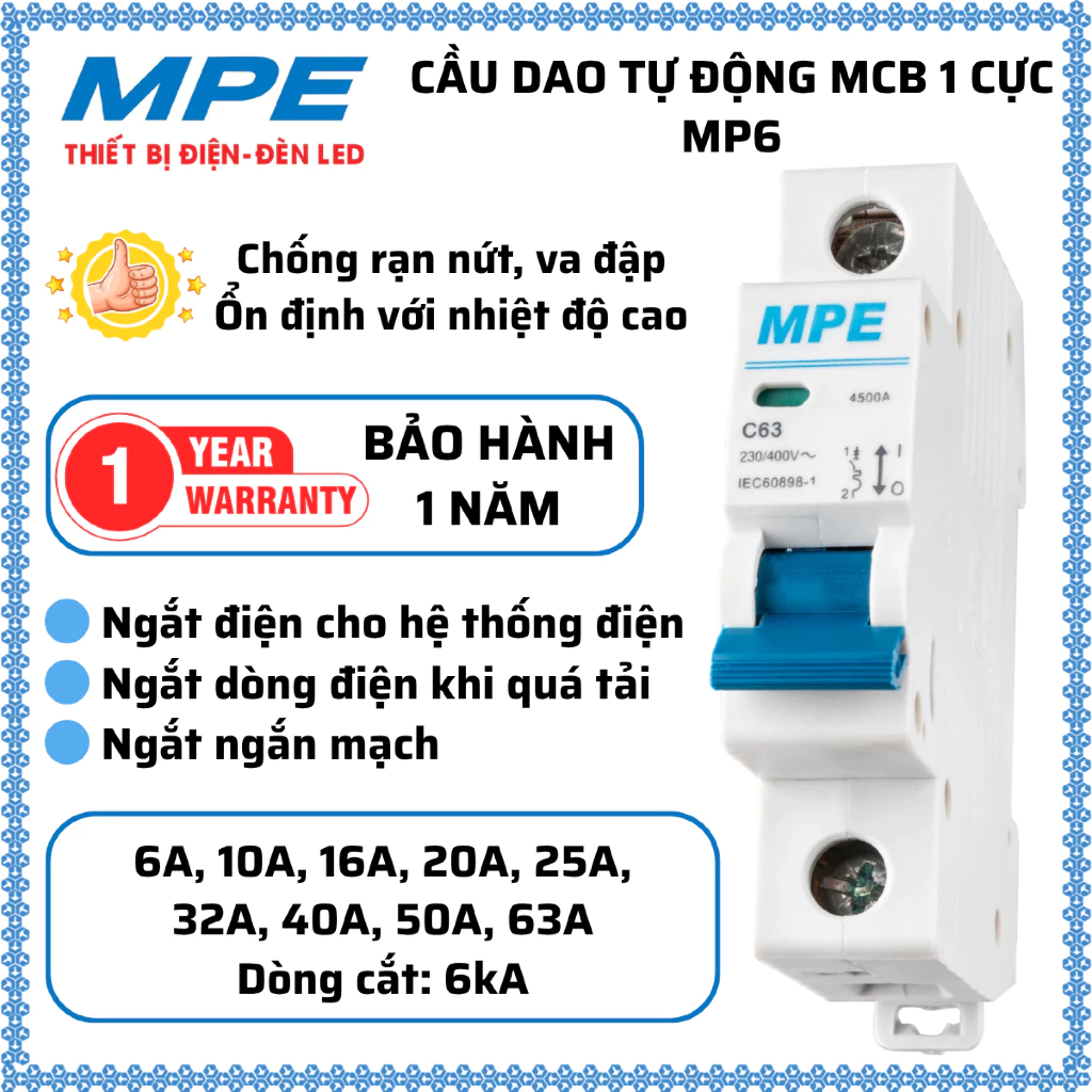 Aptomat CB Tép 1 pha, cầu dao tự động MCB một pha Icu 4,5kA, 6kA MPE