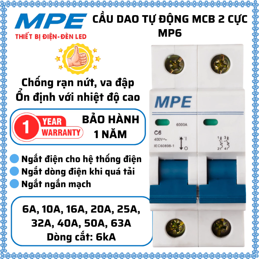 Cầu Dao Tự Động MCB 2P 2 cực chống va đập 10A, 16A, 20A, 25A, 32A, 40A, 50A, 63A MPE MP6