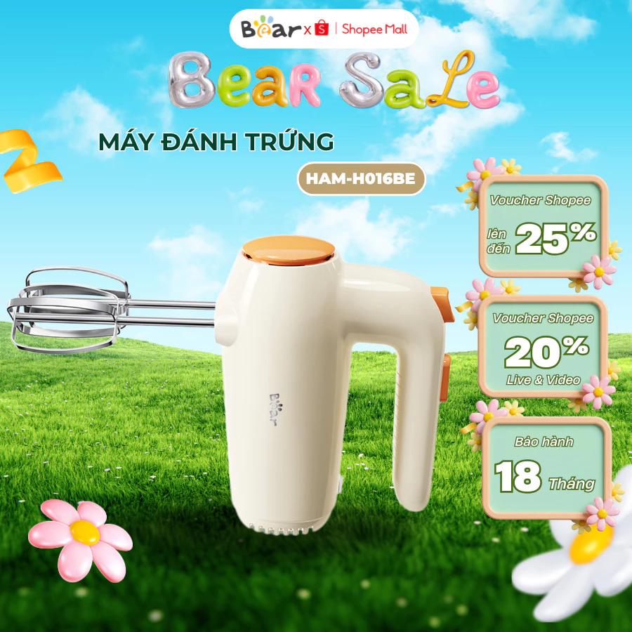 Máy đánh trứng cầm tay Bear HAM-H016BE, 125W, Đa năng 5 tốc độ có hệ thống tản nhiệt, BH 18 tháng