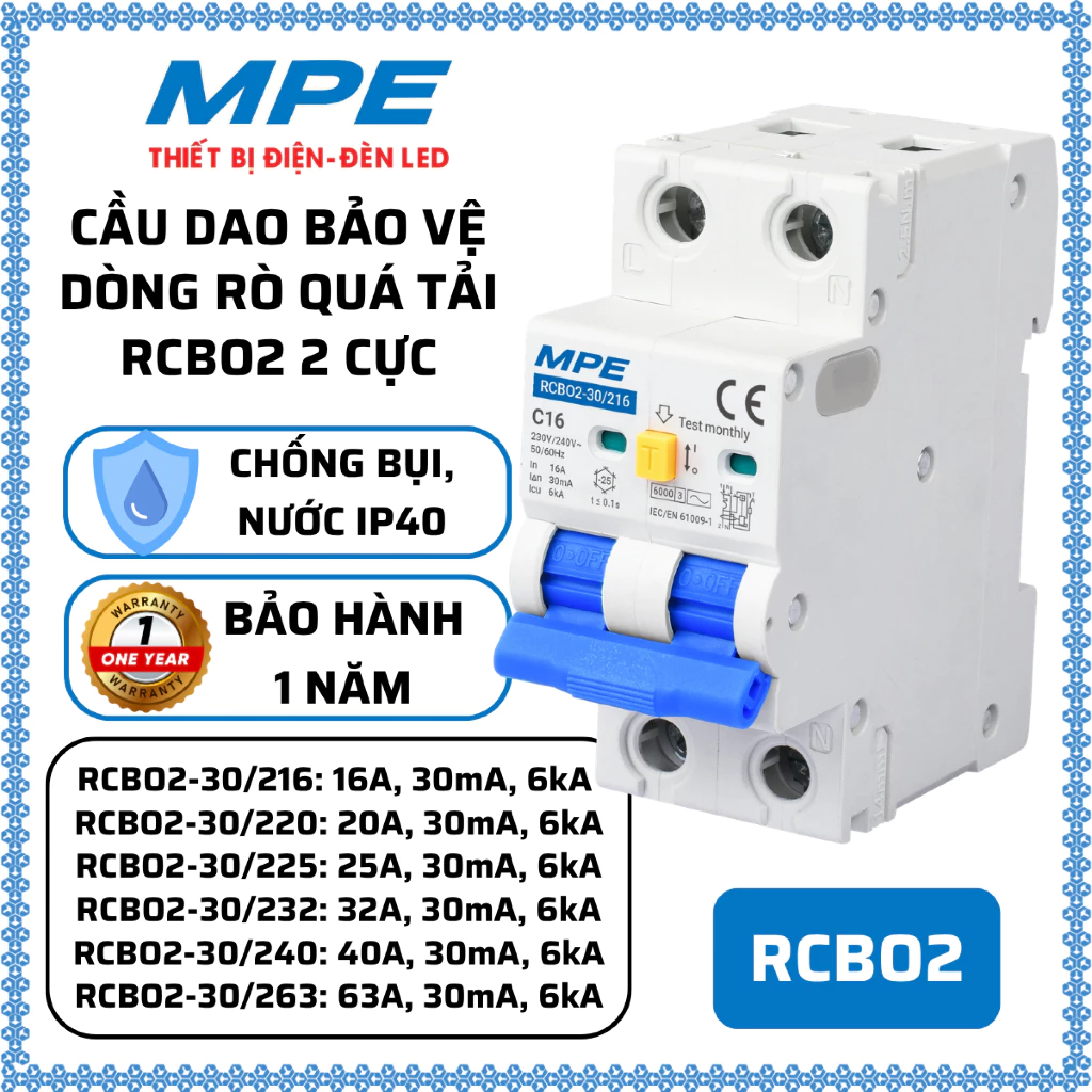 Cầu dao bảo vệ dòng rò quá tải 2 cực 16A, 20A, 25A, 32A, 40A, 63A Chống nước IP40 MPE RCBO2