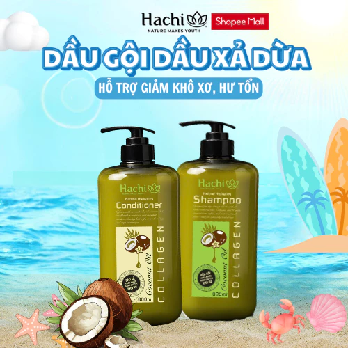 Dầu Gội Xả Dừa Hachi Natural Hydrating Cho Tóc Khô Xơ Hư Tổn Collagen Keratin & Vitamin B5 Mềm Mượt
