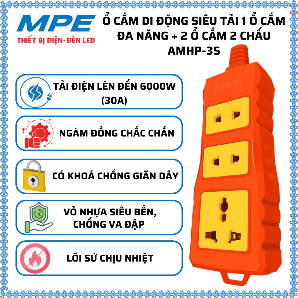 Ổ cắm di động siêu tải 1 ổ cắm đa năng + 2 ổ cắm 2 chấu Tải điện đến 6000W, Chịu nhiệt MPE AMHP-3S