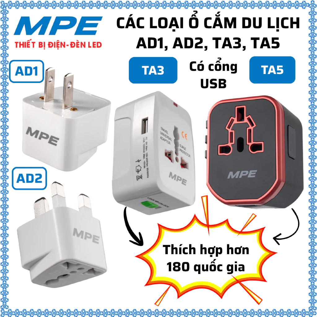 Ổ cắm 3 chân du lịch MPE AD1 AD2, ổ cắm Singapore Anh Malaysia Mỹ Canada Nhật