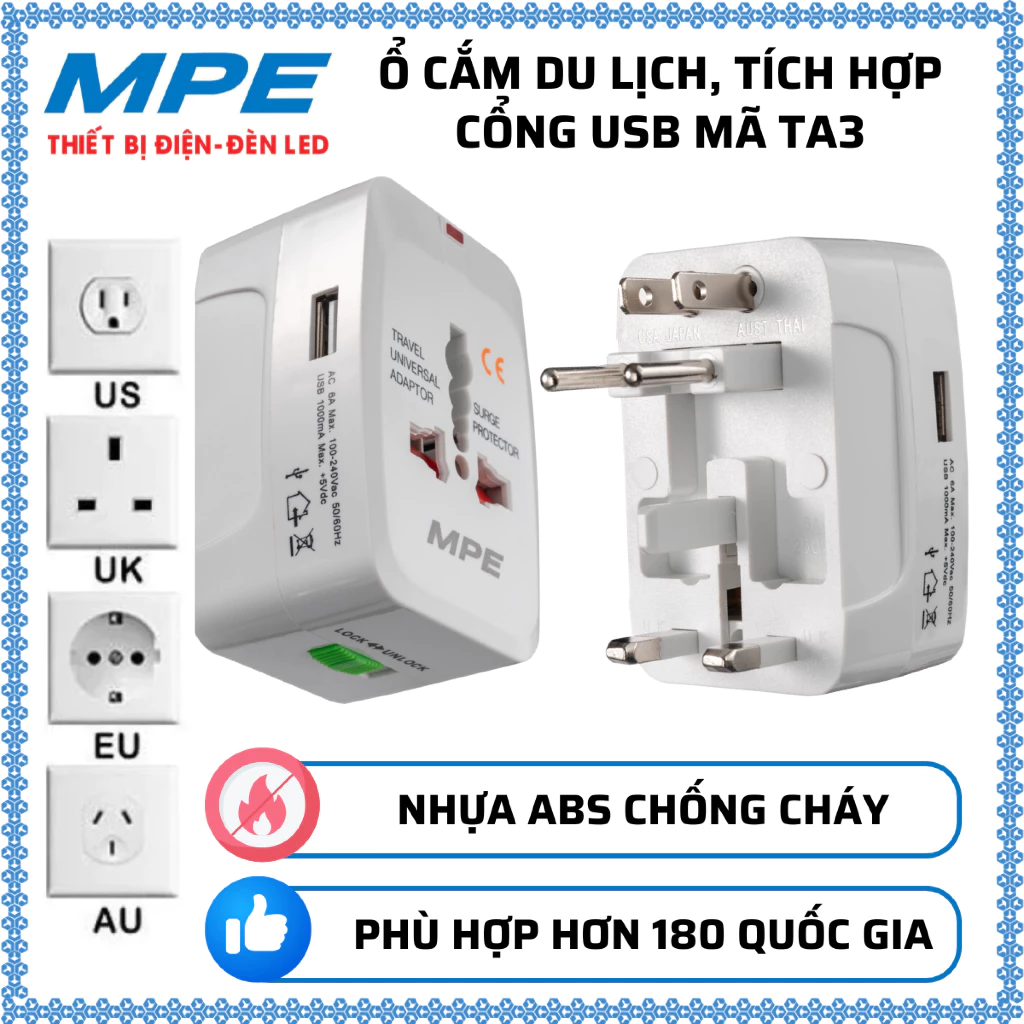 Ổ cắm du lịch, Tích hợp cổng USB phù hợp hơn 180 quốc gia (tiêu chuẩn Châu âu) MPE TA3