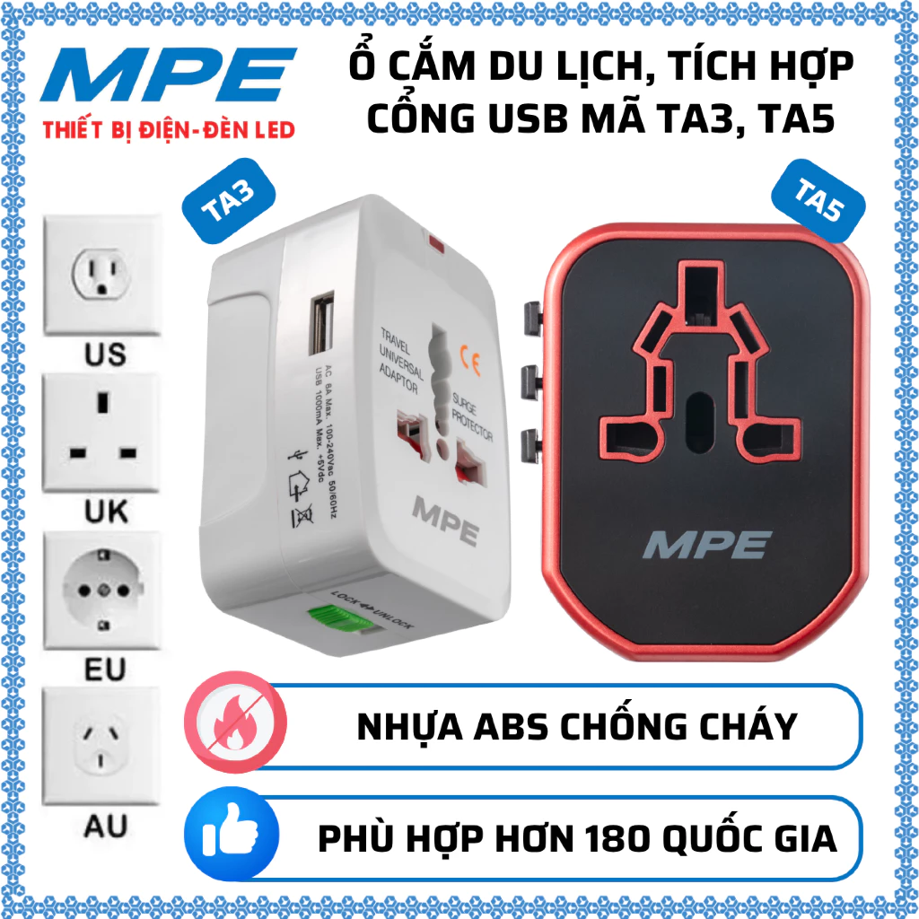 Ổ cắm du lịch, Tích hợp cổng USB phù hợp hơn 180 quốc gia, nhựa ABS chống cháy MPE TA3, TA5