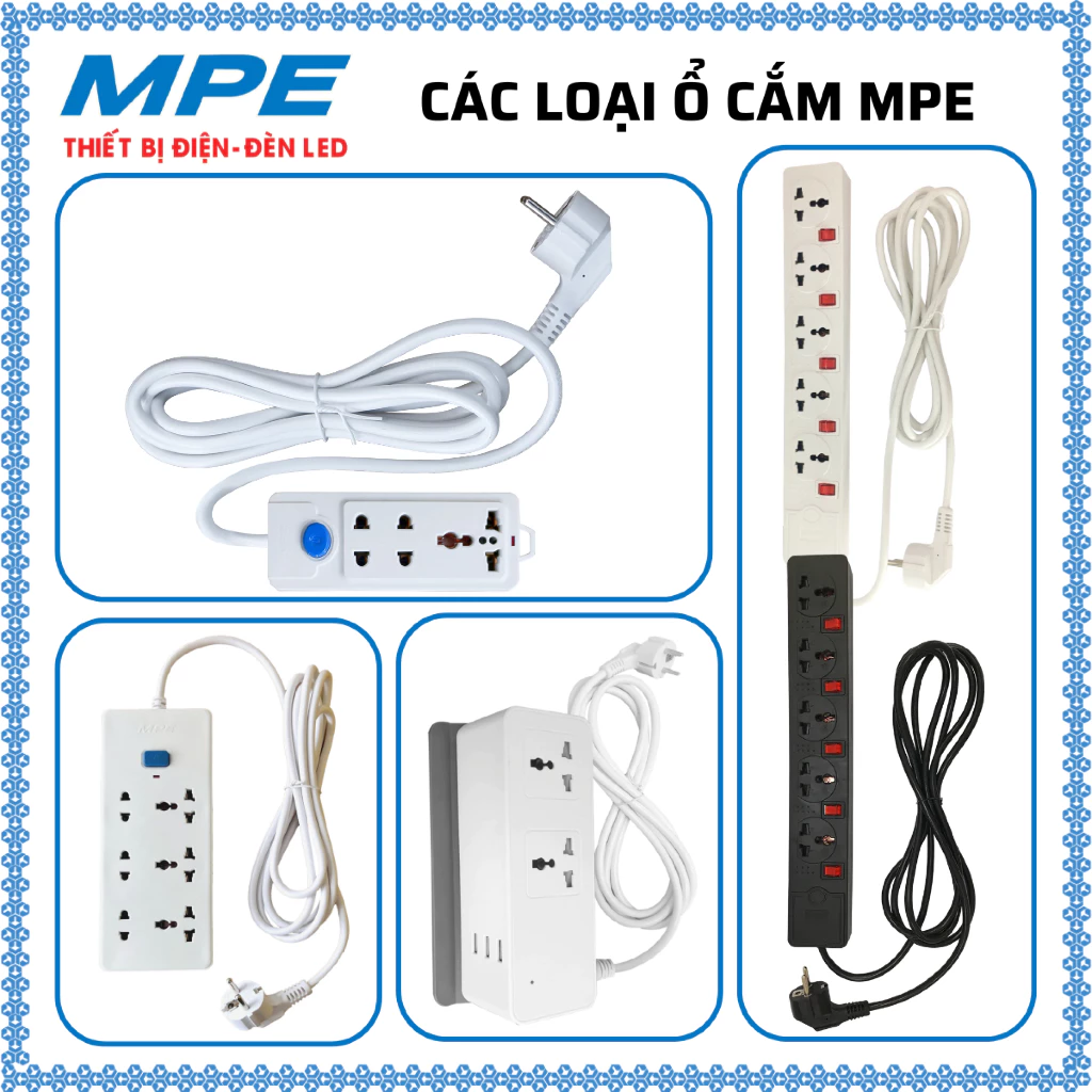Các loại ổ cắm di động, ổ cắm đa năng: ổ cắm 3 chấu, ổ cắm 3 chấu, ổ cắm tích hợp sạc USB MPE