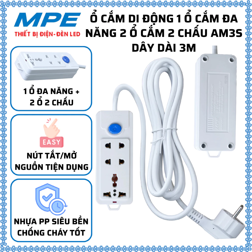 Ổ cắm di động 1 ổ cắm đa năng + 2 ổ cắm 2 chấu dây dài 3 mét Công suất 2500W MPE AM3S