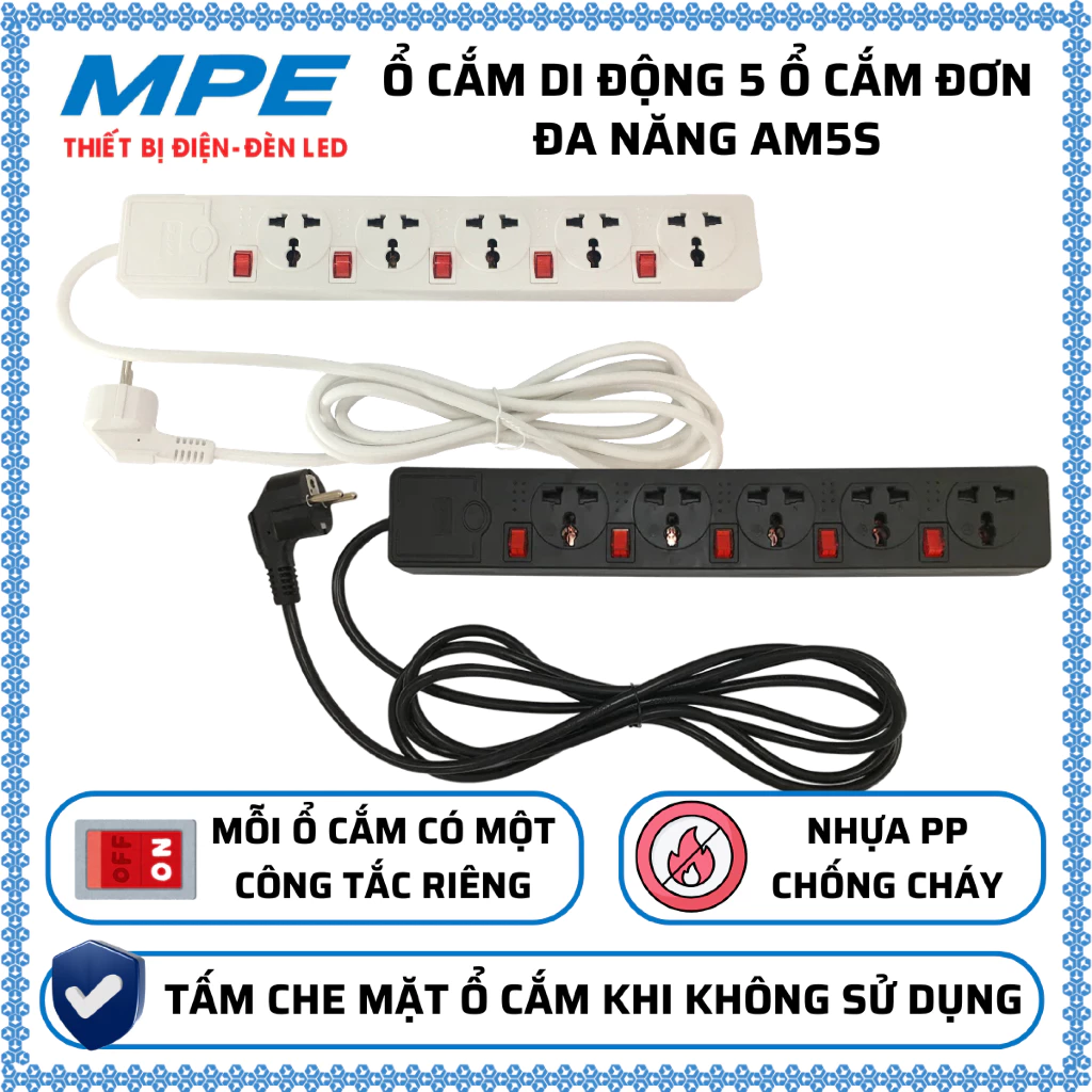 Ổ cắm di động 5 ổ cắm đơn đa năng Nhựa PP chống cháy, Tấm che mặt ổ khi không sử dụng MPE AM5S
