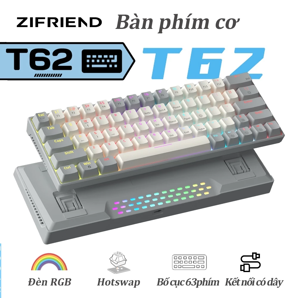 Bàn Phím Cơ Gaming 63 Phím ZIFRIEND T62, Hotswap, LED RGB, Kết nối Type-C, Red/Blue Switch, Win/Mac