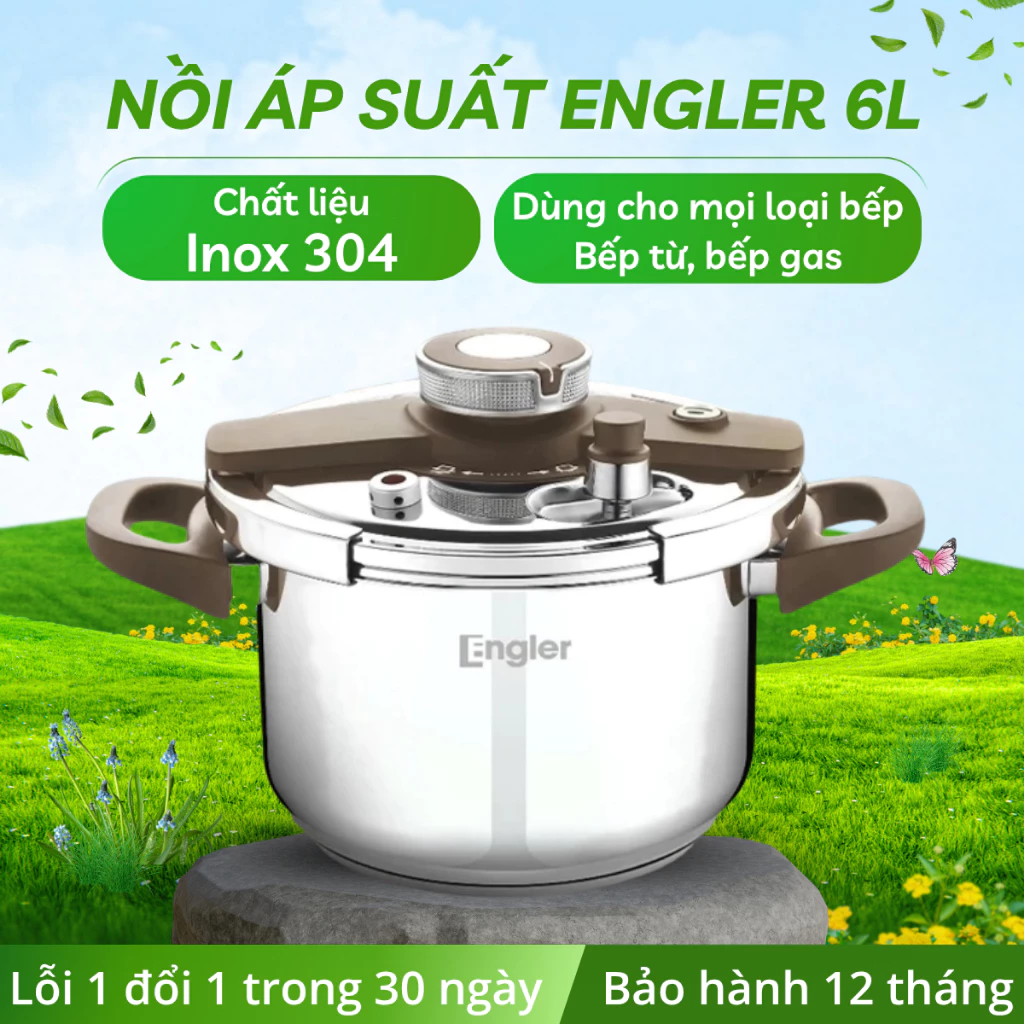 Nồi áp suất Engler dung tích 6L, Inox 304 cao cấp dùng mọi loại bếp, van xả an toàn 3 lớp bảo vệ
