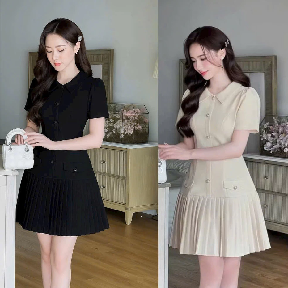 (NỮ TÍNH )Đầm Nữ NGẮN Thiết Kế XẾP LI Phối nút CỰC XINH HOTTREND  LANA FASHION