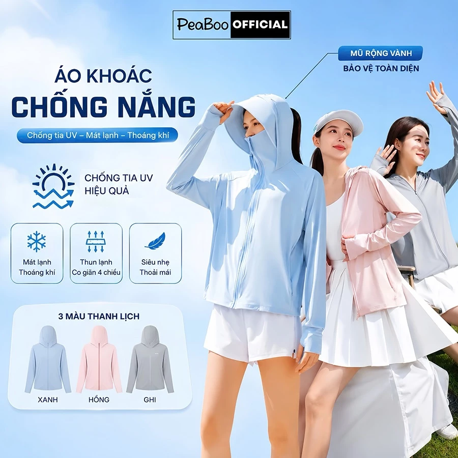 Áo Khoác Chống Nắng Nam Nữ By PEABOO Mã BST04 Redbow Chất Thun Lạnh Chống Tia UV Thoáng Mát Mũ Rộng Vành