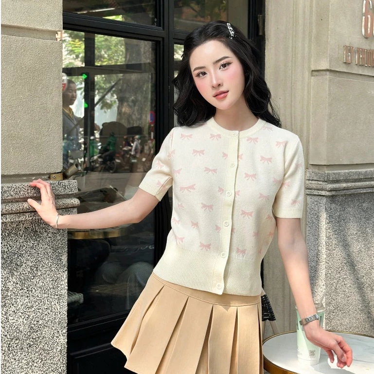 Áo len cộc tay dáng cardigan chất len lông thỏ họa tiết thêu nơ cao cấp phù hợp mặc mùa hè ALC04 300G