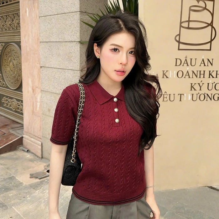 Áo len ngắn tay mùa hè màu đỏ đô sang trọng phối cúc cổ bẻ thanh lịch len lông thỏ cao cấp PL31 DELIZ 300G