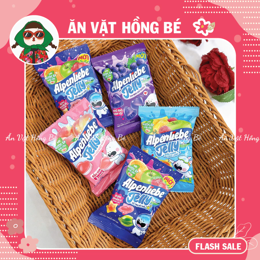[5 gói] Kẹo Dẻo Nhân Trái Cây Alpenliebe Jelly Biển Xanh,Đào Tim (Gói 24G), đồ ăn vặt hot nhất