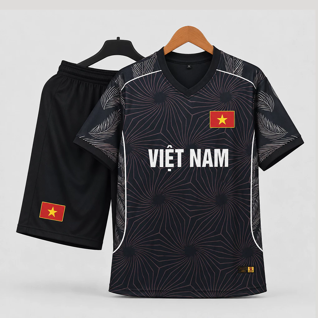 [VN-ĐENTK] In tên số áo theo yêu cầu - Bộ áo bóng đá, quần áo đá banh VN đen thiết kế mới siêu hot - Hàng thun mè mát