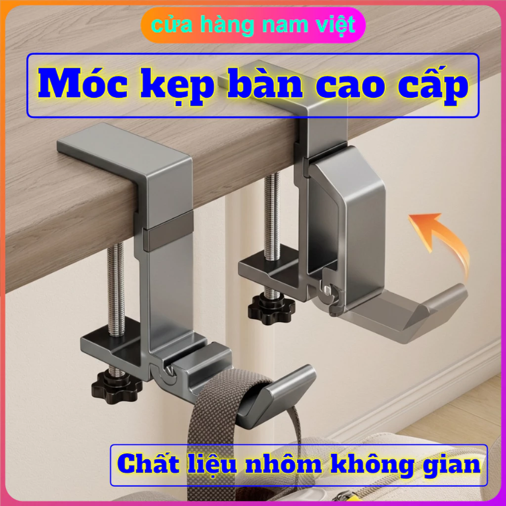 Móc Kẹp Cạnh Bàn Cao Cấp Bằng Nhôm, Treo Đồ, Balo, Tai Nghe, Bình Nước - Không Cần Khoan Đục, Chịu Lực 20kg