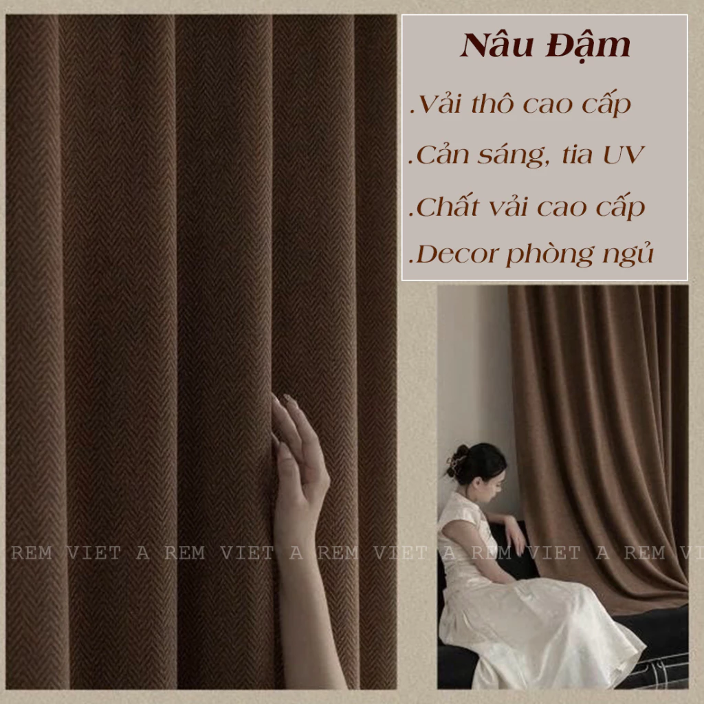 Rèm Vải Thô Màu Nâu - Cản Sáng, Họa Tiết Xương Cá Sang Trọng, Chất Vải Mềm Mại Trang Trí Phòng Ngủ, Phòng Ngủ