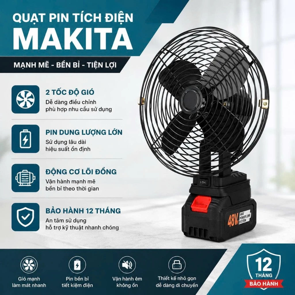 Quạt Tích Điện Để Bàn, Quạt Mini Để Bàn Chạy Pin MAKITA Công Suất Lớn, Làm Mát Cực Nhanh, Hoạt Động Bền Bỉ