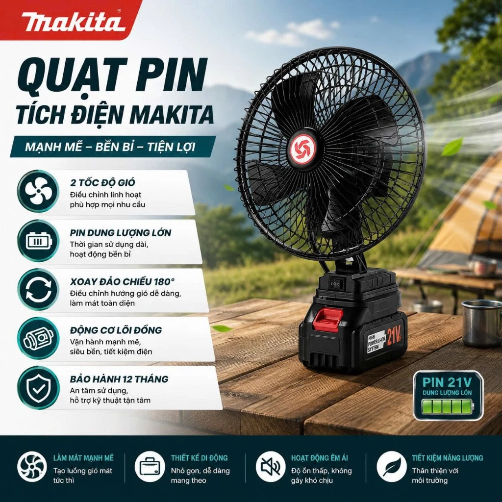 [QUẠT XOAY 180 ĐỘ] Quạt Tích Điện Để Bàn Chạy Pin MAKITA 8 Inch Công Suất Lớn, Làm Mát Cực Nhanh, Hoạt Động Mạnh Mẽ
