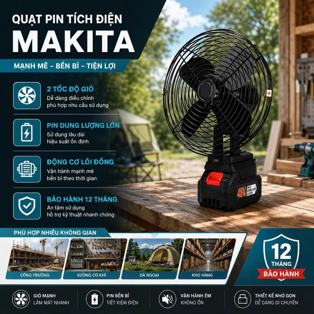 Quạt Tích Điện Để Bàn, Quạt Tích Điện Chạy Pin MAKITA 8 Inch Công Suất Lớn, Làm Mát Cực Nhanh, Hoạt Động Mạnh Mẽ