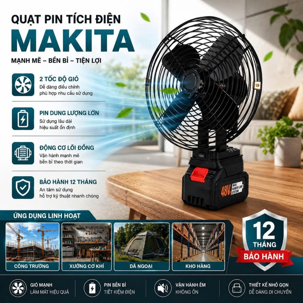 Quạt Tích Điện Mini Để Bàn Chạy Pin MAKITA Công Suất Lớn, Làm Mát Cực Nhanh, Kết Cấu Chắc Chắn, Hoạt Động Mạnh Mẽ