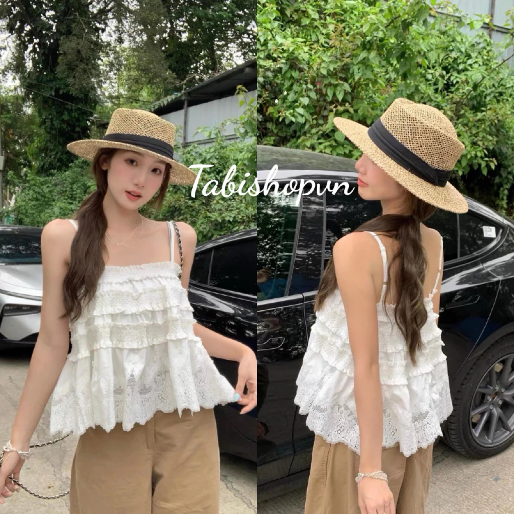 Áo 2 dây babydoll tầng nhún phối ren TABISHOP Áo kiểu nữ dễ thương mặc hè dễ phối đồ(327)