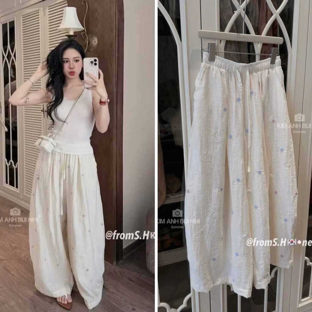 [Hàng sẵn] Quần boi ống rộng cạp chun THÊU HOA chuẩn hàng QC 2 lớp 98cm 3643