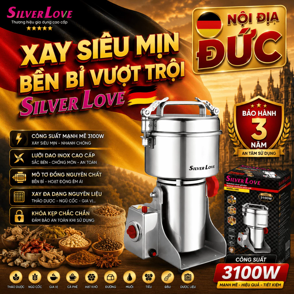 Máy Xay Nghiền Bột Khô Công Nghiệp Model 1000 – 3100W, Dung Tích 3l, Xay Siêu Mịn Ngũ Cốc, Gia Vị, Thuốc Bắ