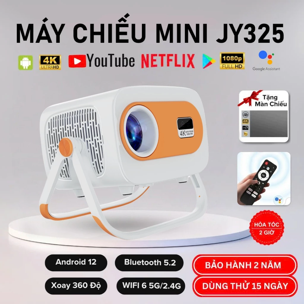 Máy chiếu Mini JY325 Full HD Android13 Hỗ trợ giọng nói 4K Bluetooth Kết Nối wifi điện thoại Laptop xem Youtube phim