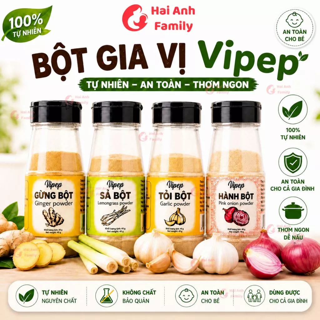 Bột gia vị VIPEP nấu ăn tồng hợp tự nhiên cho gia đình/hữu cơ cho bé ( Bột hành, bột tỏi, bột sả, bột nghệ...)