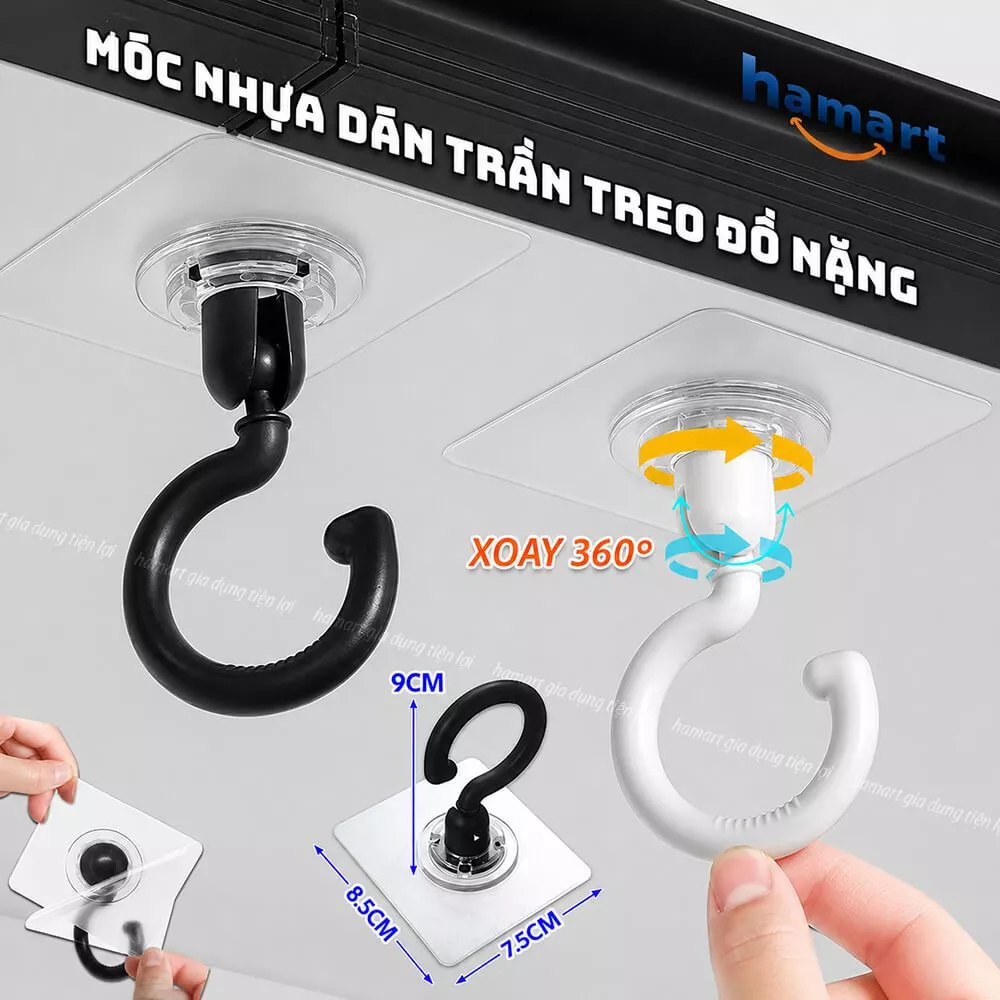 Móc Nhựa Xoay 360˚ Cỡ Lớn Dán Tường Trần Nhà Treo Màn Chống Muỗi Hình Lưỡi Câu Đa Năng Siêu Dính