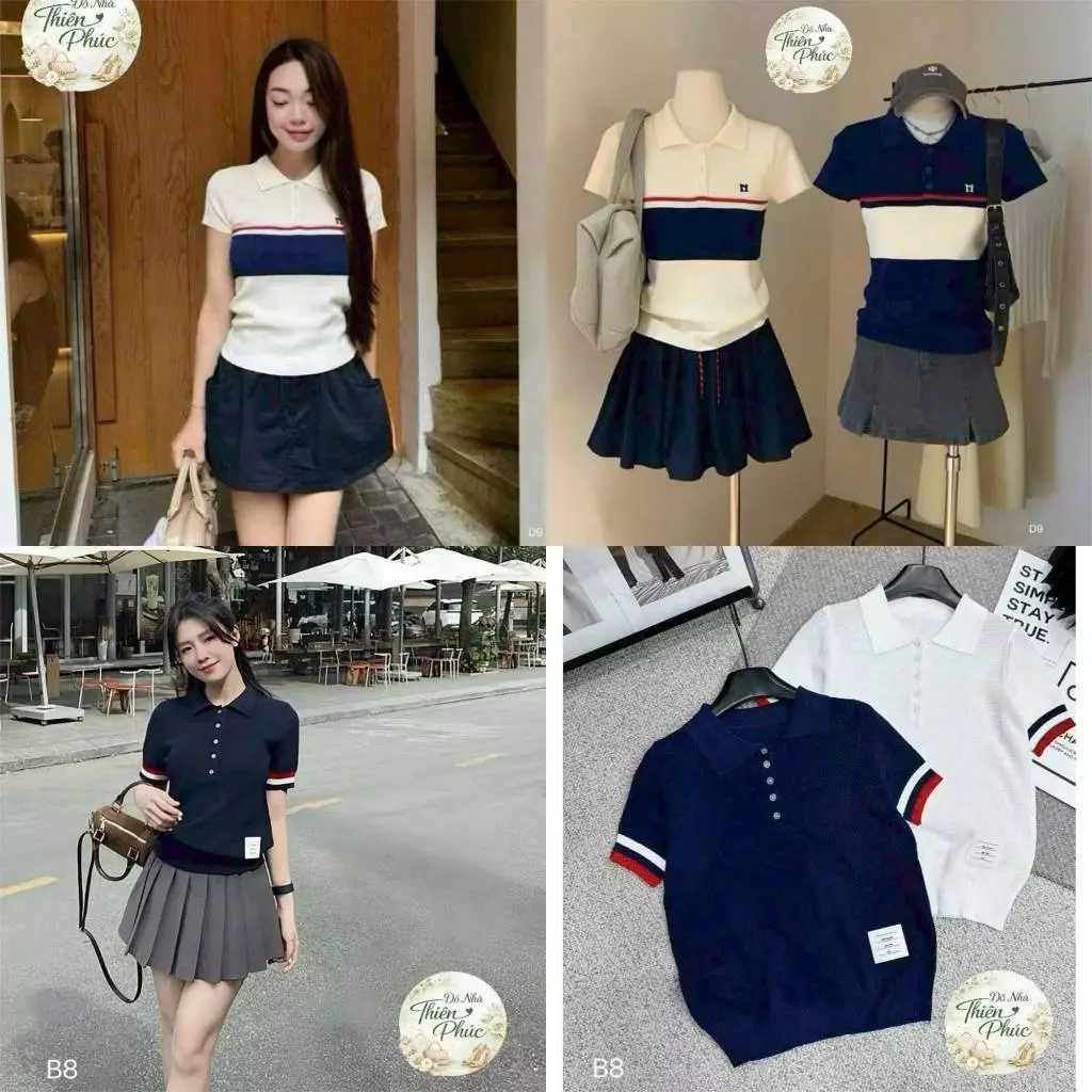 Áo thun cổ bẻ chất thun len lưới dệt thêu LOGO họa tiết sọc ngang cá tính thời trang nữ