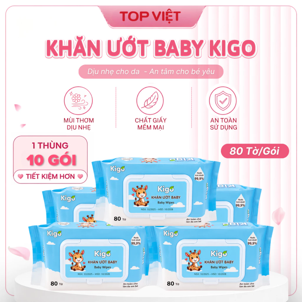 Thùng 10 gói khăn ướt đa năng baby Kigo cao cấp 80 tờ 1 gói vải không dệt