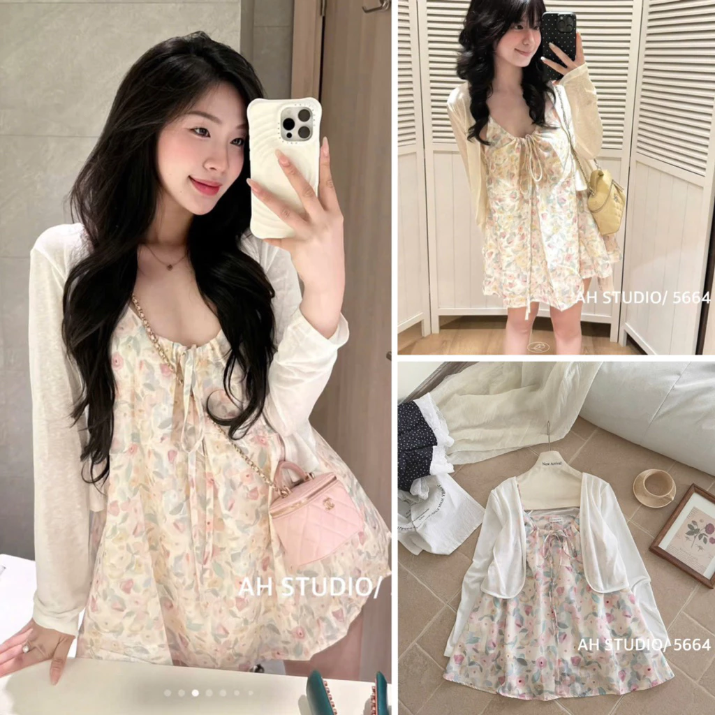 [Hàng sẵn] SET VÁY HAI DÂY BABYDOLL THÔ HOA HỒNG MIX ÁO CARDIGAN TRẮNG MỎNG NGỌT NGÀO S3628