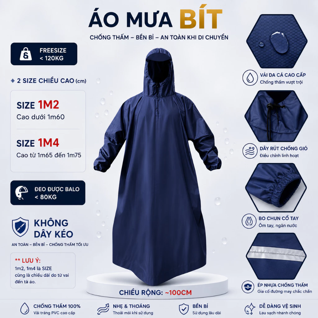 (ÁO MƯA BÍT LOẠI TỐT MANG ĐƯỢC BALO) Áo Mưa Bít Size Lớn - Áo Mưa Kín Vải DA CÁ Hàng Cao Cấp, Siêu Bền - Áo Mưa 1 Người