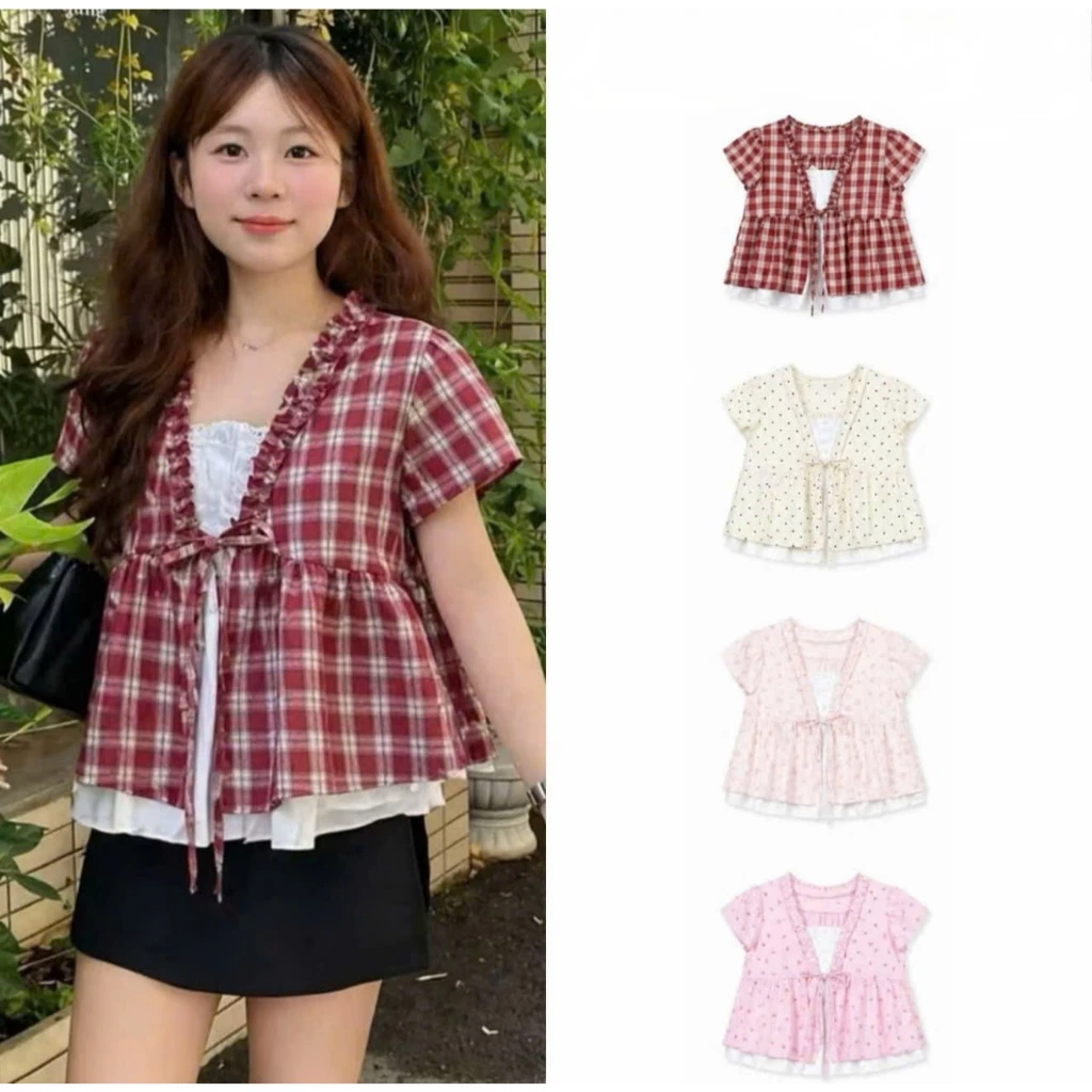 Áo kiểu phối ren 2 lớp cộc tay nữ,áo babydoll họa tiết kẻ caro buộc nơ ngực nhiều màu dễ thương phong cách Hàn