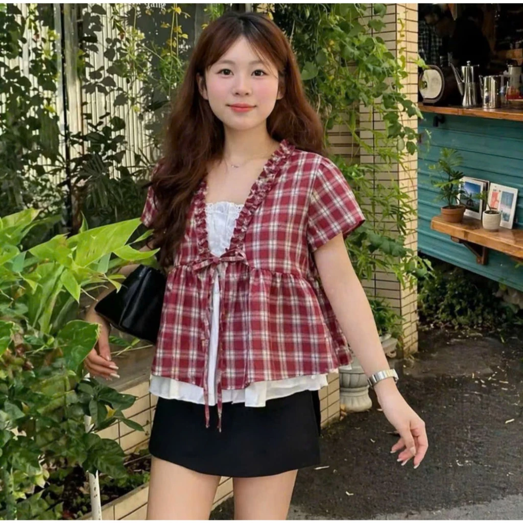 Áo Babydoll Nữ Cộc Tay Phối Ren 2 Lớp Kẻ Caro Thắt Nơ Ngực Form Xòe Dễ Thương Style Hàn Quốc Hot Trend