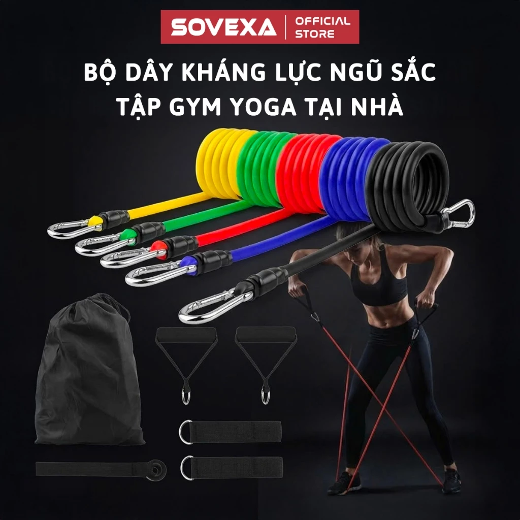 Bộ 5 Dây Kháng Lực Ngũ Sắc Tập Full Body Đa Năng Tại Nhà SOVEXA, Dụng Cụ Tập Gym Toàn Diện Hiệu Quả