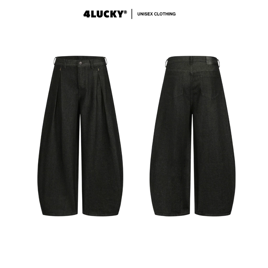 Quần Jean Unisex Chiết Ben Ống Rộng 4Lucky 6223, Quần Jean Ống Cong Màu Đen Siêu Chất Streetstyle
